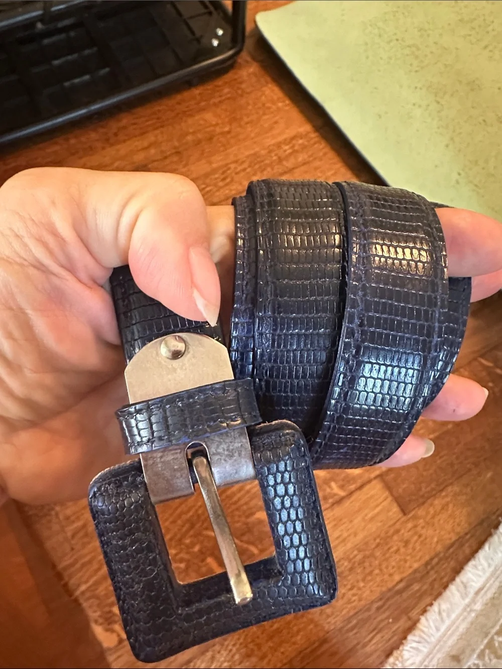 Dark Navy Blue Textured Square-Buckle Faux Leather Belt